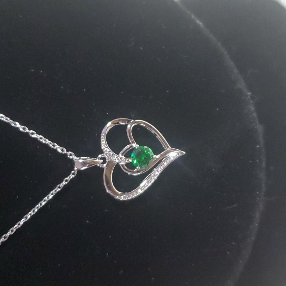 Birth Stone Double Heart Pendant in Sterling Silver Necklace